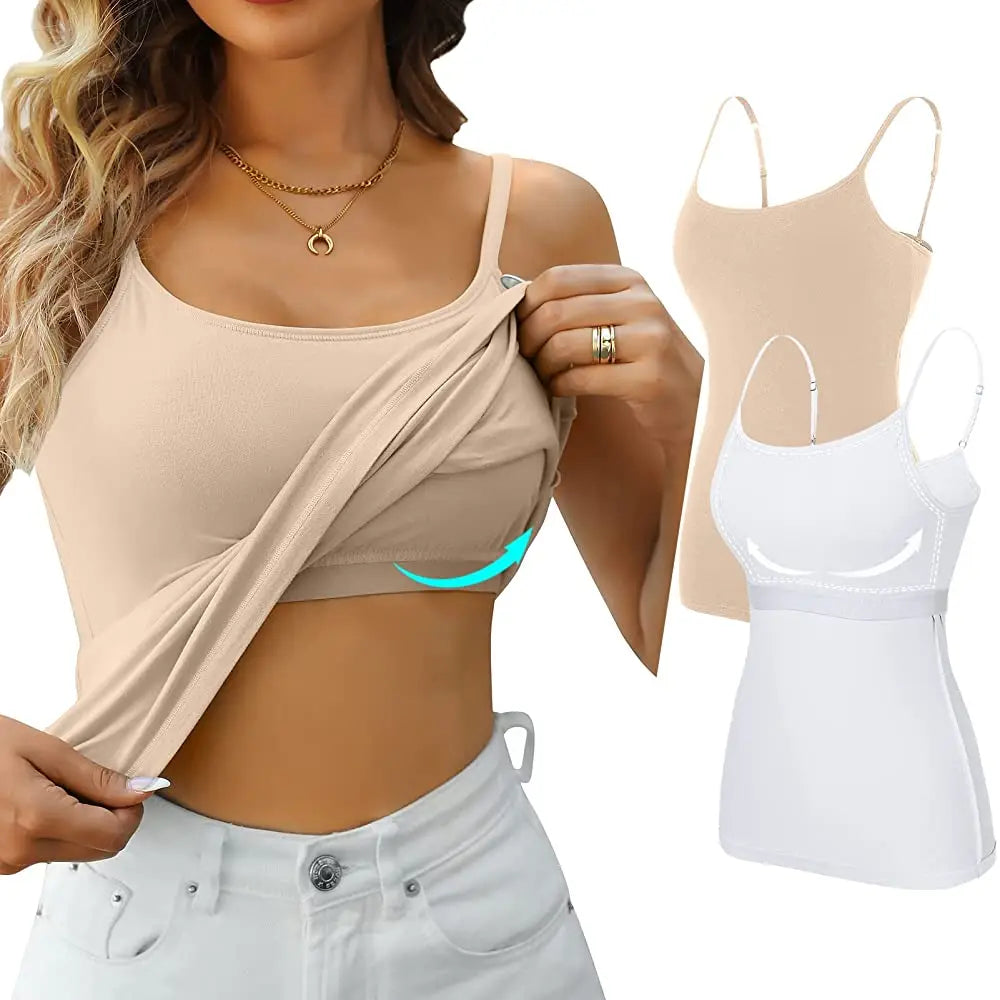 Anfilia Women Camisole 2PCS Solid Adjustable Spaghetti Straps with Shelf Bras 95% Cotton Soft Casual High Elastic Tank Tops