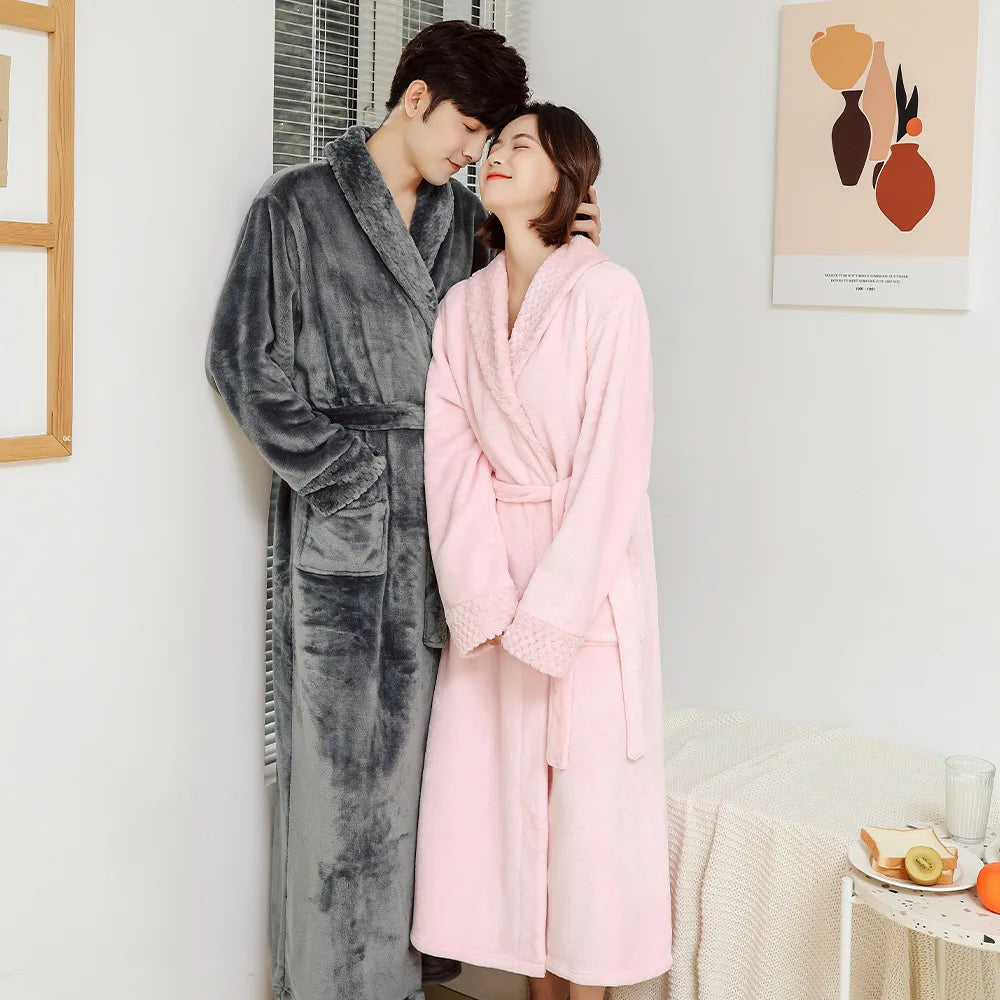 Couples Flannel Robe, Long Warm Fleece Bathrobe for Men and Women
