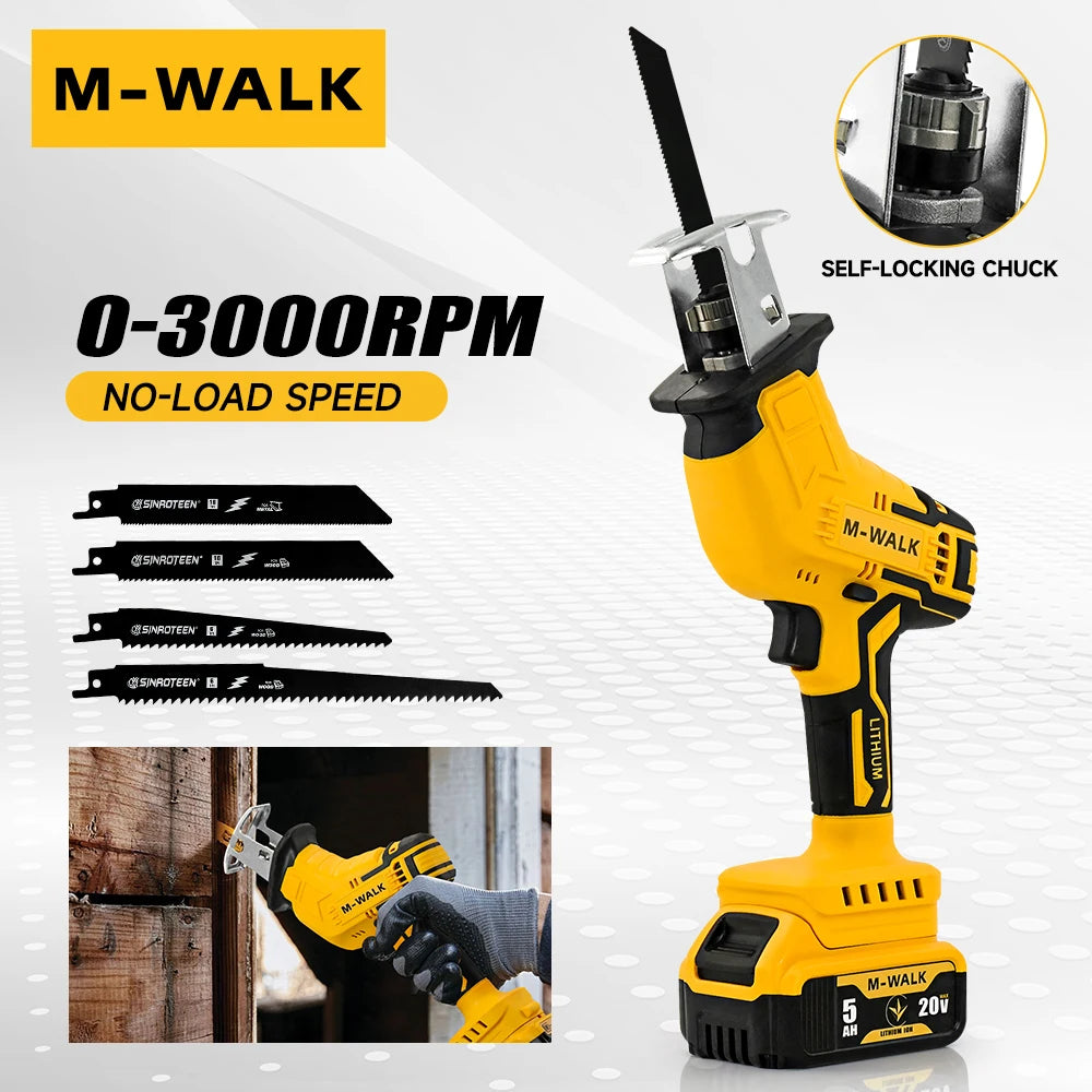 M-WALK 3000RPM Cordless Electric Reciprocating Saw Chainsaw Saber Saw Wood Metal Cutting Power Tool For Dewalt 20V Battery Pin