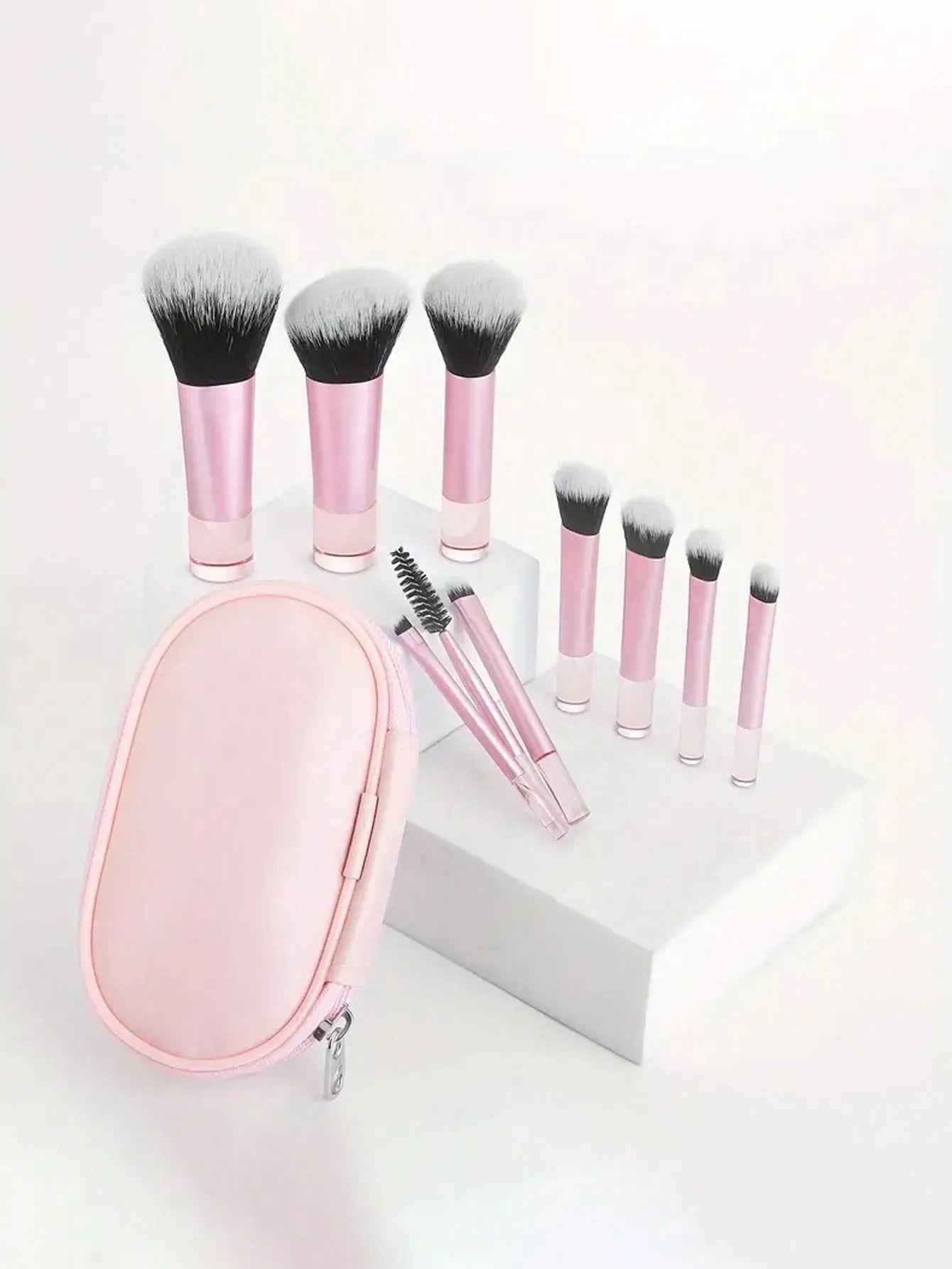 10pcs Pink Makeup Brush Set for Beginners Mini Portable Foundation Eyeshadow Brushes with Crystal Handle Includes Brush Pouch