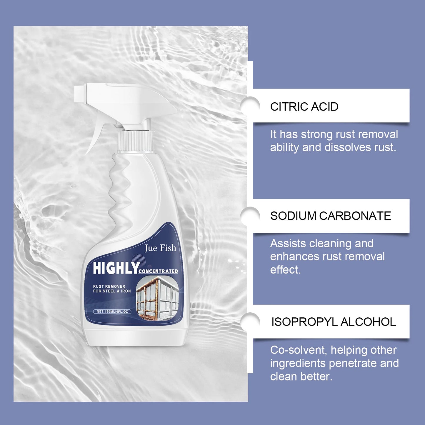 Heavy Duty Rust Remover Spray Fast Acting Rust Dissolver & Anti-Rust Coating for Metal, Car, Tools Multi-Surface Cleaner 120ml