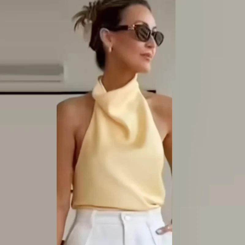 Women's Satin Halter Crop Top — Off-Shoulder Backless Sleeveless Cami