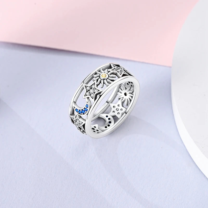 New in 925 Sterling Silver Sun and Moon Love Princess Zircon Oxide Enamel Heart Love Rings Fashion Fine Jewelry For Women Gifts