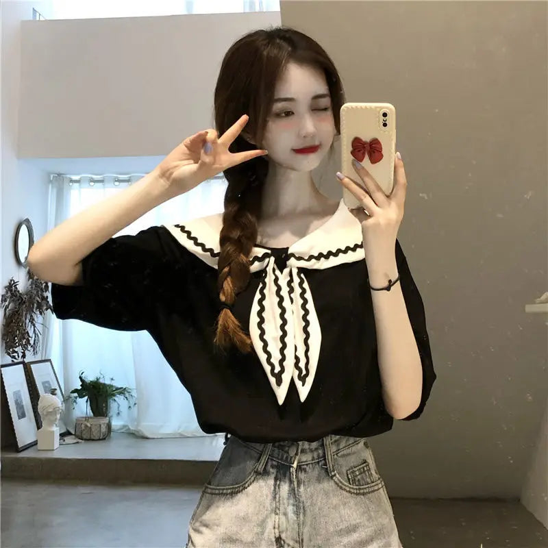 Sailor Collar T-shirts Women Baggy Kawaii Clothes Panelled Temper Designer Aesthetics Japanese Stylish Summer Vintage Футболка