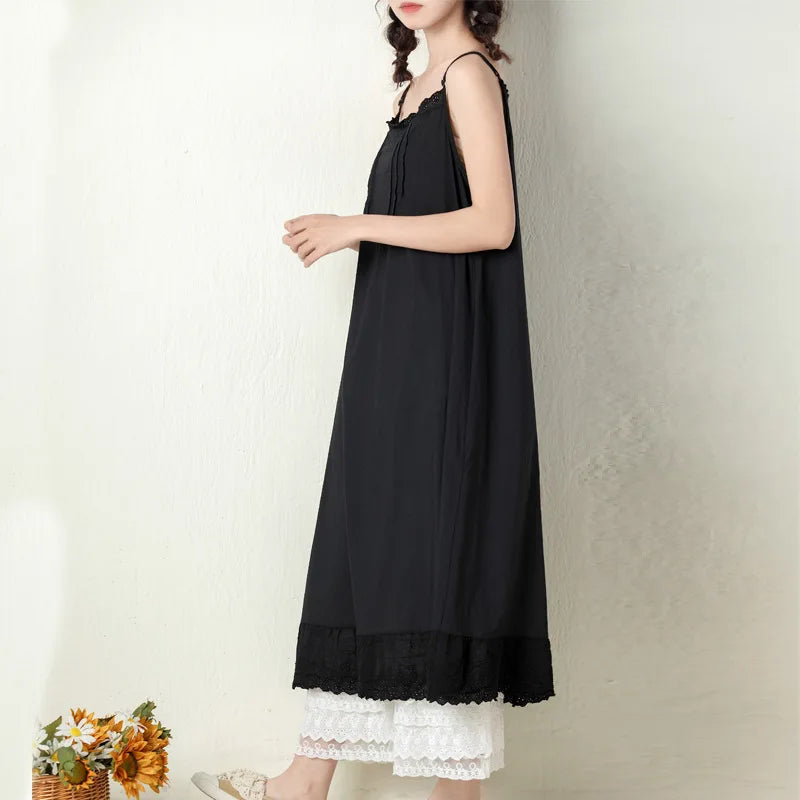 Johnature 2026 Summer New Japanese Casual Spaghetti Strap Thin All Match Dress For Women Solid Color Cotton Female Dresses