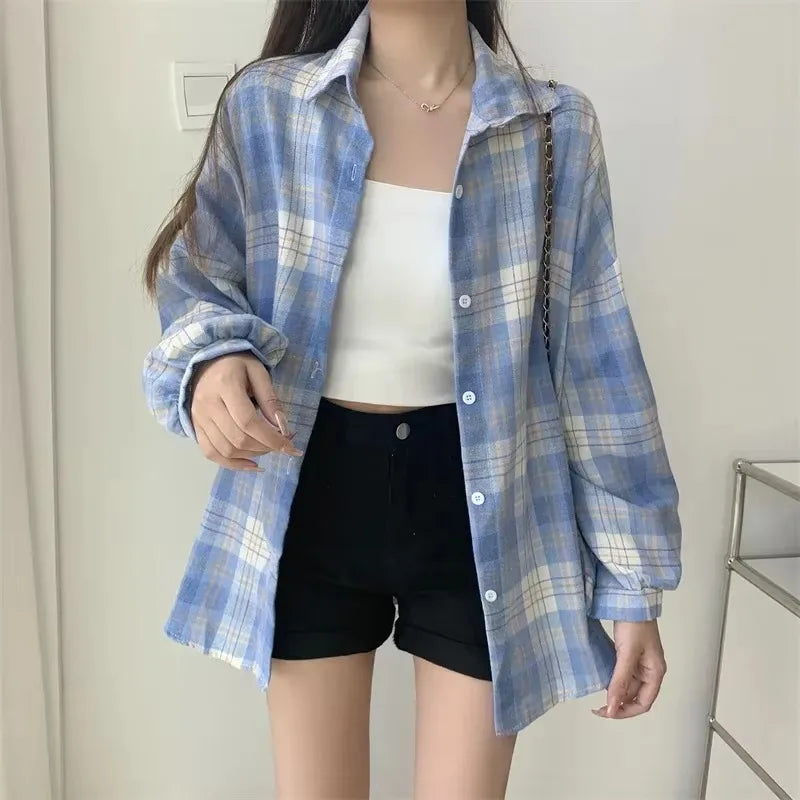 Women's Plaid Button-Up Shirt - Loose Long Sleeve Check Blouse - photo 6