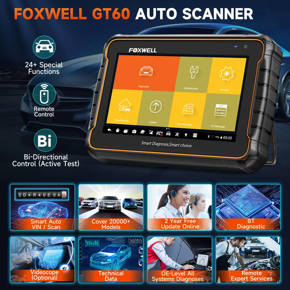 Foxwell GT60 OBD2 Automotive Scanner Read Code Bi-directional Control ABS SAS TPMS 24+ Reset OBDII All System Diagnostic Tool