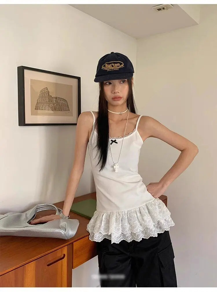 Women Patchwork Lace White Suspender Vest Trim Bottom Hem Layer Skinny Halter Tops Ruffle Edge Skin-friendly Breathable Vest