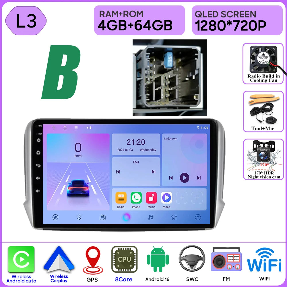 Android 16 GPS Navigation For Peugeot 2008 208 Series 2012 - 2018 Carplay Car Radio Multimedia Player Stereo Video BT 2k Screen