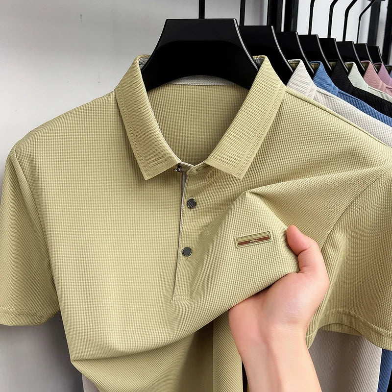 Men's Waffle Mesh Polo Tee - Lightweight Lapel, Elastic Comfort