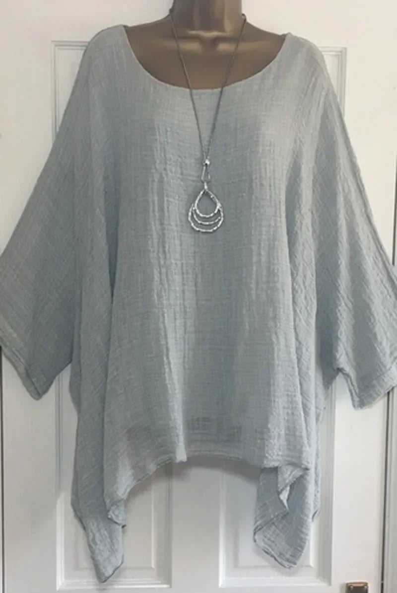 Women's Plus-Size Linen T-Shirt — Loose Batwing Long-Sleeve Top (to 5XL)