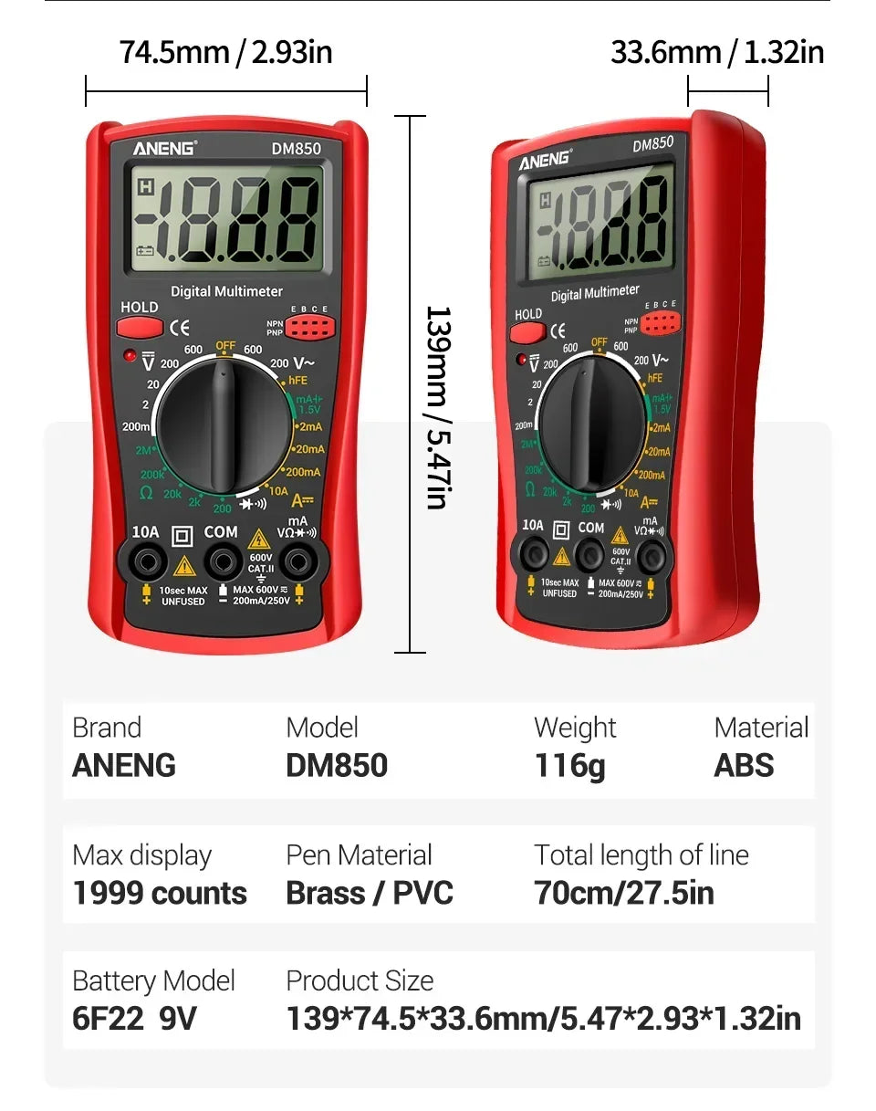 Smart Digital Multimeter Automatic 1999 Count AC/DC Current Voltage Handheld ANENG DM850 Buzzer Resistance Diode Electrician Tes