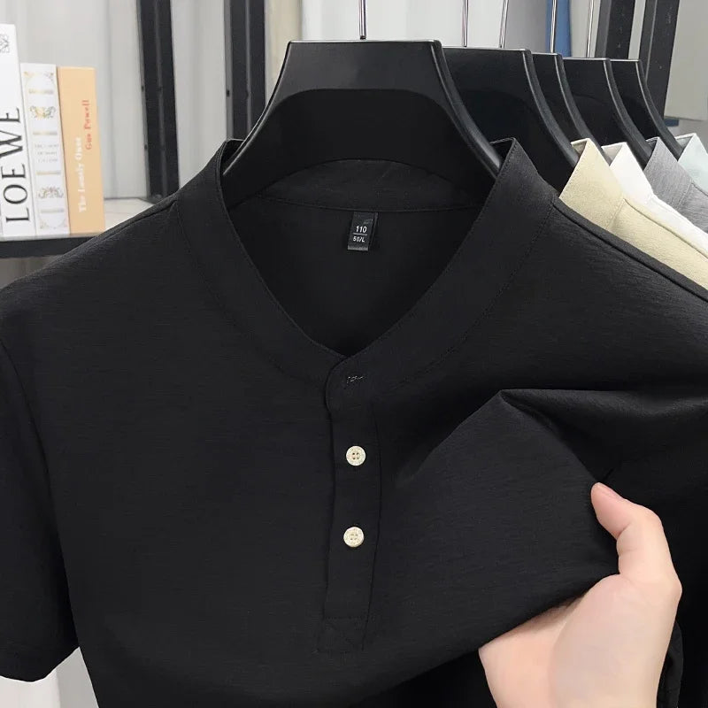 Men's Mandarin Collar Henley - Short Sleeve, Breathable Slim Fit
