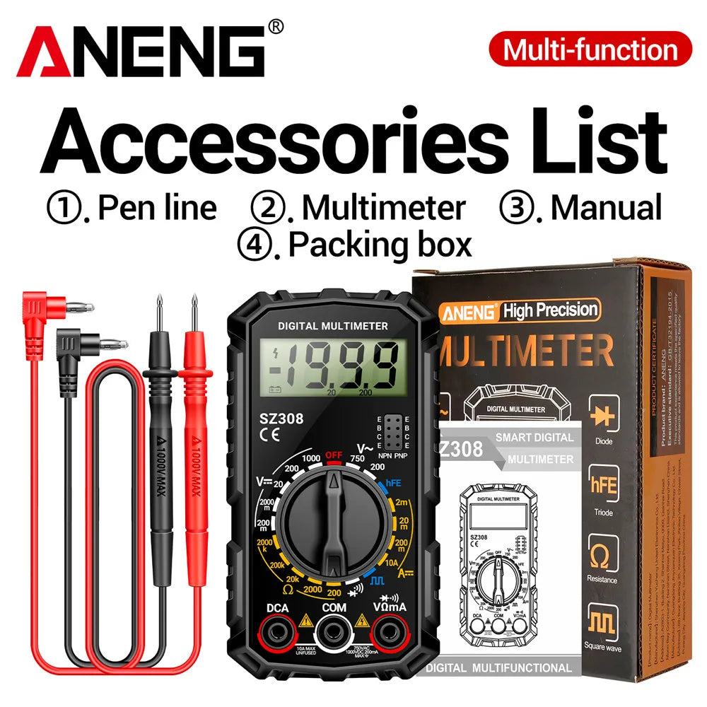 Digital MultimeterAC/DC Current Voltage Resistance Meter Meter Electrician LCD Backlight Ohm Square Wave Test tools ANENG SZ308