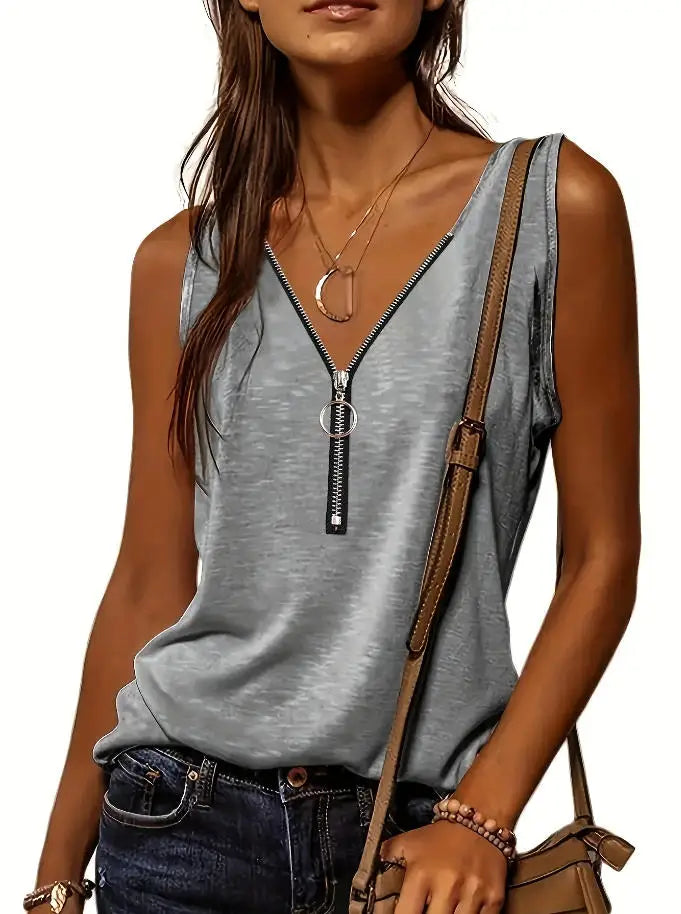 Versatile Women's V-Neck Half-Zip Tank Top - Casual All-Season Wear with Durable Stretch Fabric