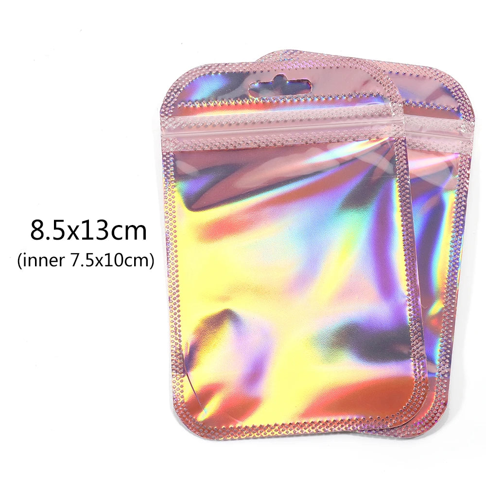 50pcs/lot Pink Laser Ziplock Bags Reusable Plastic Transparent Bags for Jewelry Packaging Cosmetic Retail Display Bags