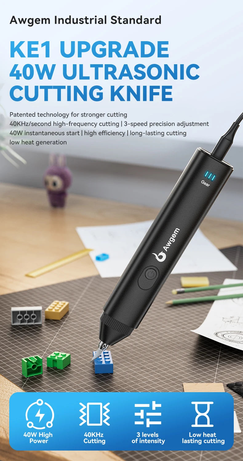 Awgem 40KHz Handheld Ultrasonic Cutter – Electric Carving Tool for Plastic, Resin, 3D Printing & Textile