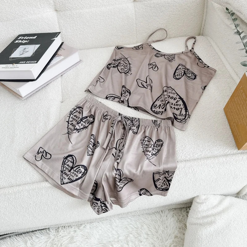 Women Casual Pajama Ladies Sexy Sleepwear Print Round Neck Ice Silk Top T-Shirt and Shorts Sets Breathable Comfortable Home Wear
