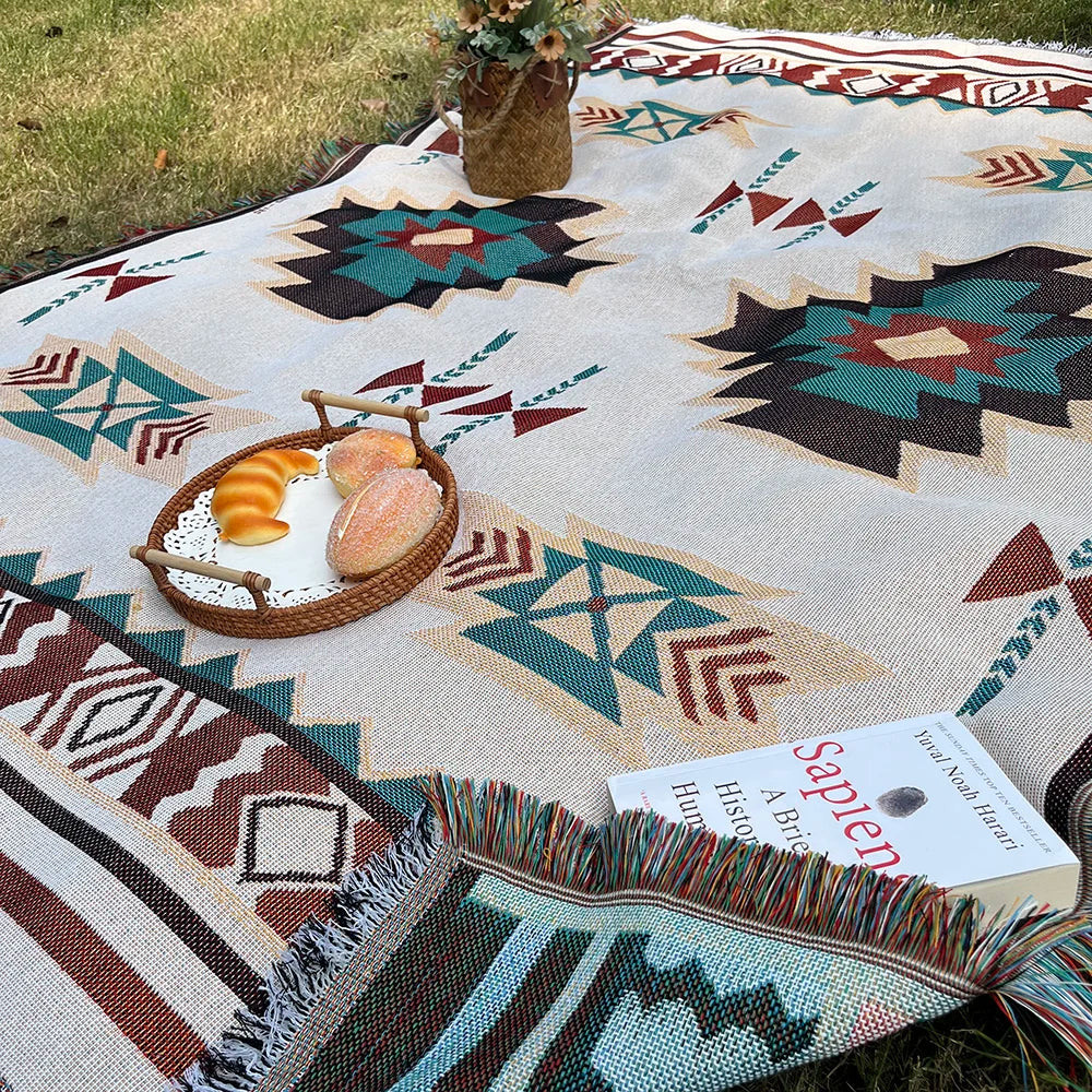 Aztec Boho Throw Blanket with Fringe