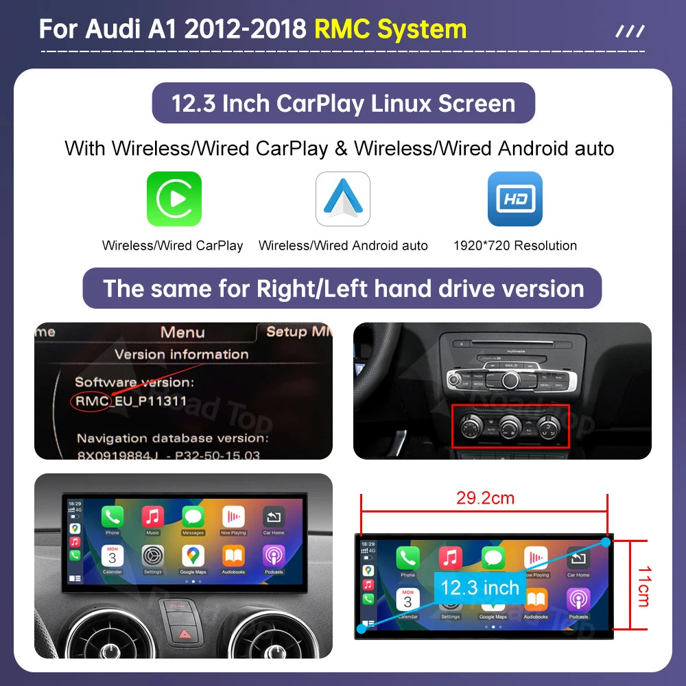 12.3" Car Stereo with Apple CarPlay & Android Auto, Compatible with Audi A1 (2012-2018)
