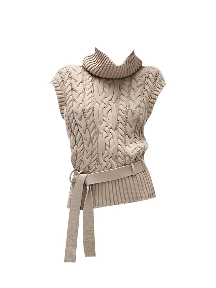 Women's Knitted Sweater Vest Winter Fashion High Collar Sleeveless Twist Flower Patterned Belted Short Top Street Style Loose...