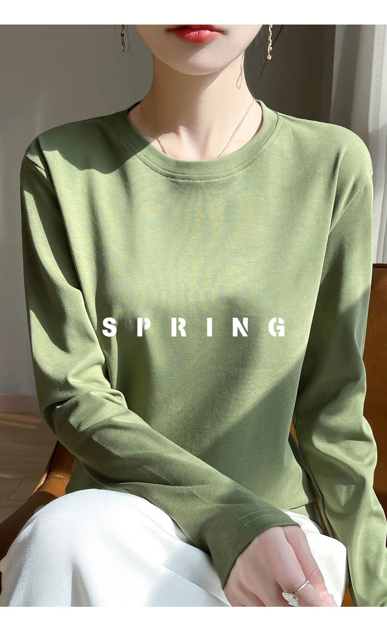 Spring And Summer New Mercerized Cotton Long Sleeve T-shirt Women's Round Neck Loose 100% Cotton Bottoming T-shirt