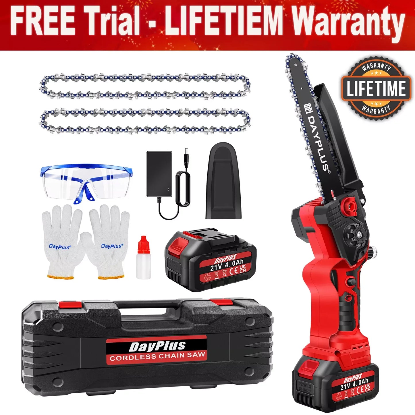 8" Cordless Electric Chainsaw — Brushless One-Handed Pruning Saw with 4.0Ah Battery