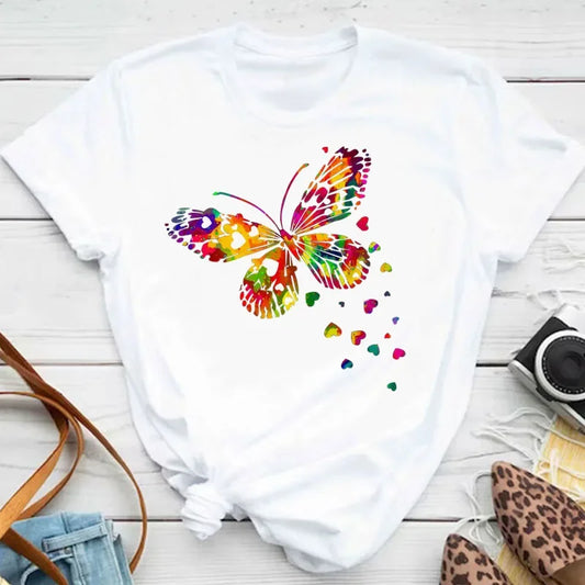 Women's Colorful Butterfly Print Short Sleeve Round Neck T-Shirt - photo 6