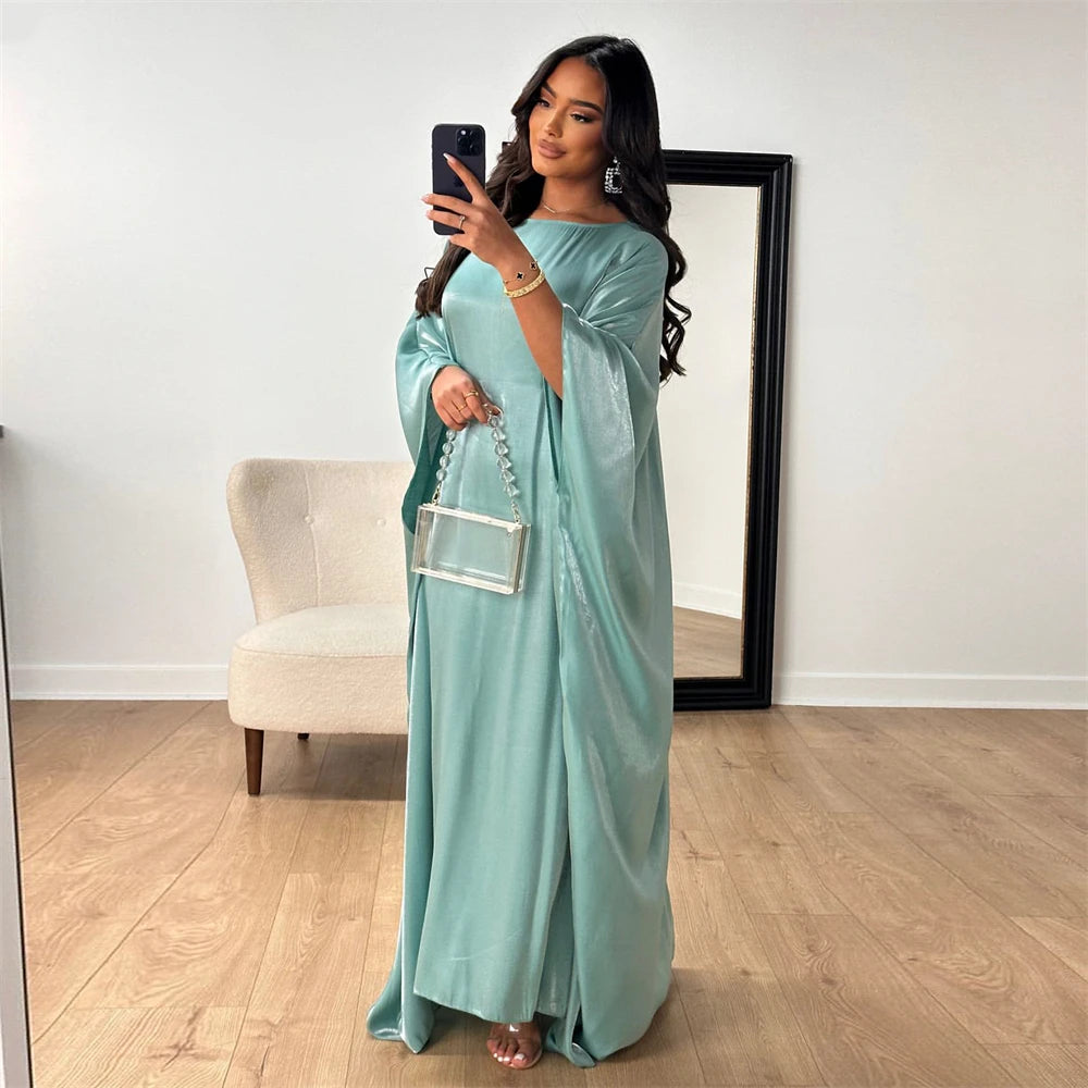 Shimmer Batwing Satin Abaya – Luxury Muslim Kaftan Dress for Eid & Ramadan