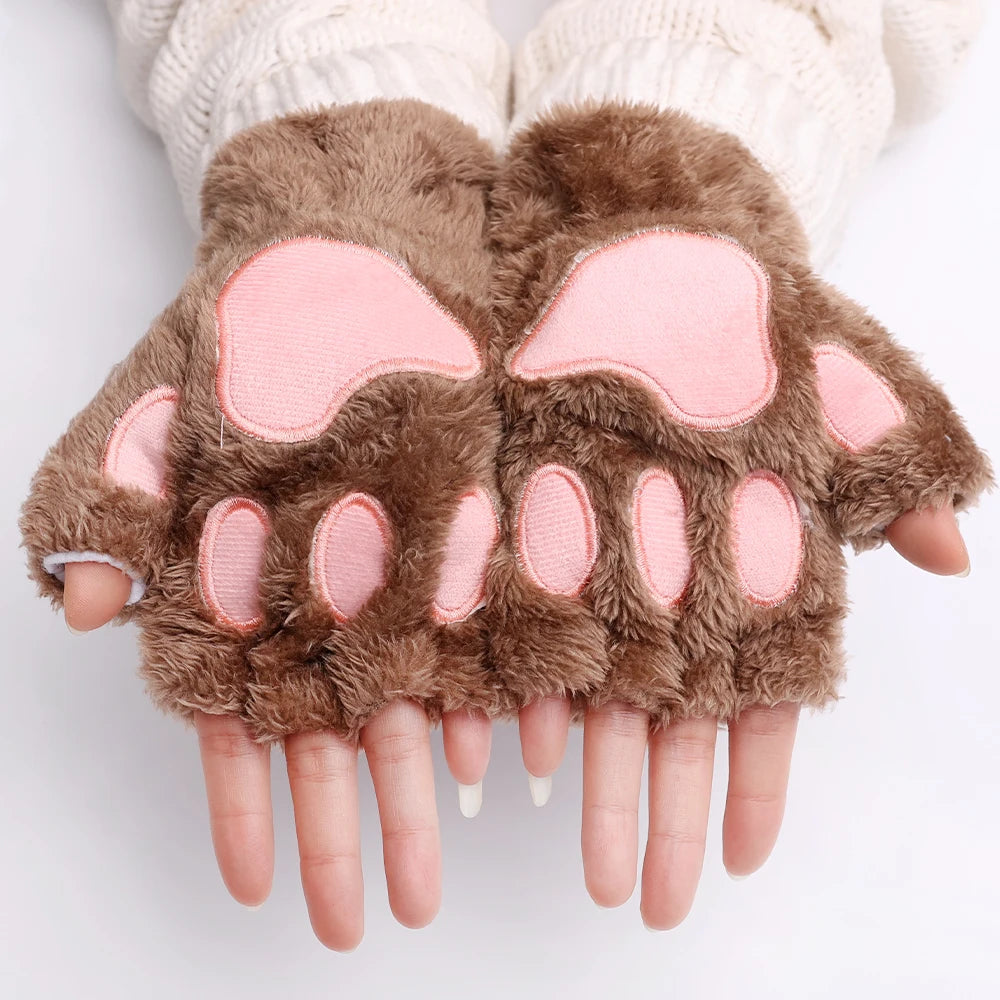 Women's Cat Paw Plush Mittens, Fingerless