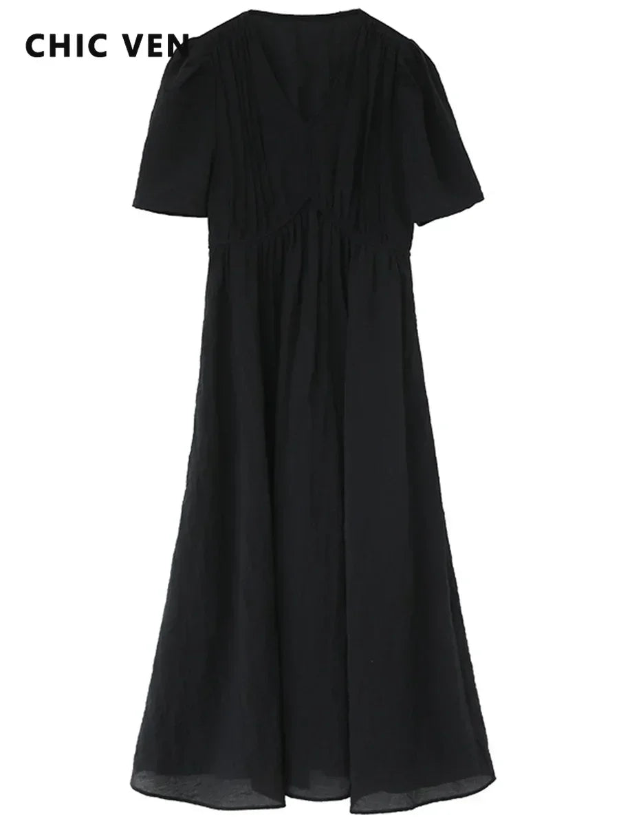 CHIC VEN Women's French V-Neck Puff-Sleeve Maxi Dress — Black