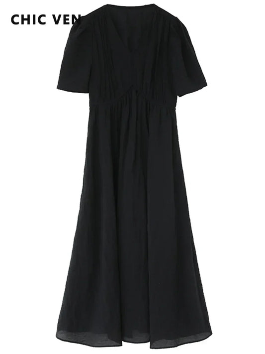 Women's V-Neck Puff Sleeve Maxi Dress French Style Solid Black - photo 5