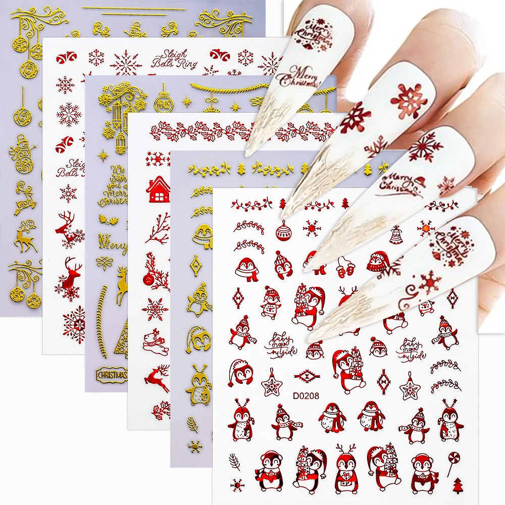 12pcs 3D Snowflake Nail Stickers Red Christmas Designs Nail Art Decals Geometric Lines New Year Winter Gel Foils Sliders Decors*