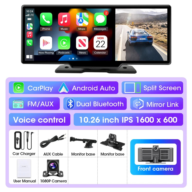 4K Dual-Lens Dash Cam with CarPlay & Android Auto
