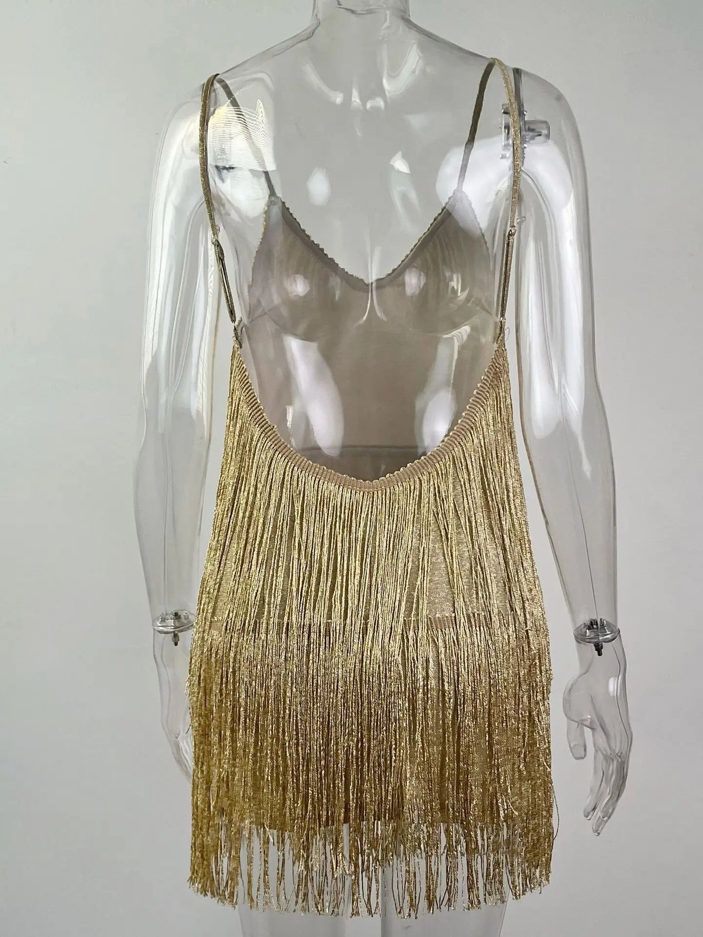 Leosoxs Women Sexy Deep V-Neck Spaghetti Straps Fringe Bodycon Mini Dress Tassels Backless Gatsby Cocktail Club Party Dresses