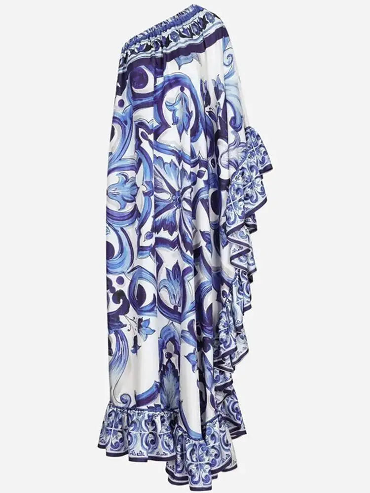 Summer Long Dress Women Runway Blue And White Porcelain Asymmetry Sexy Off The Shoulder Ruffles Hem Loose Robe Maxi Vestidos