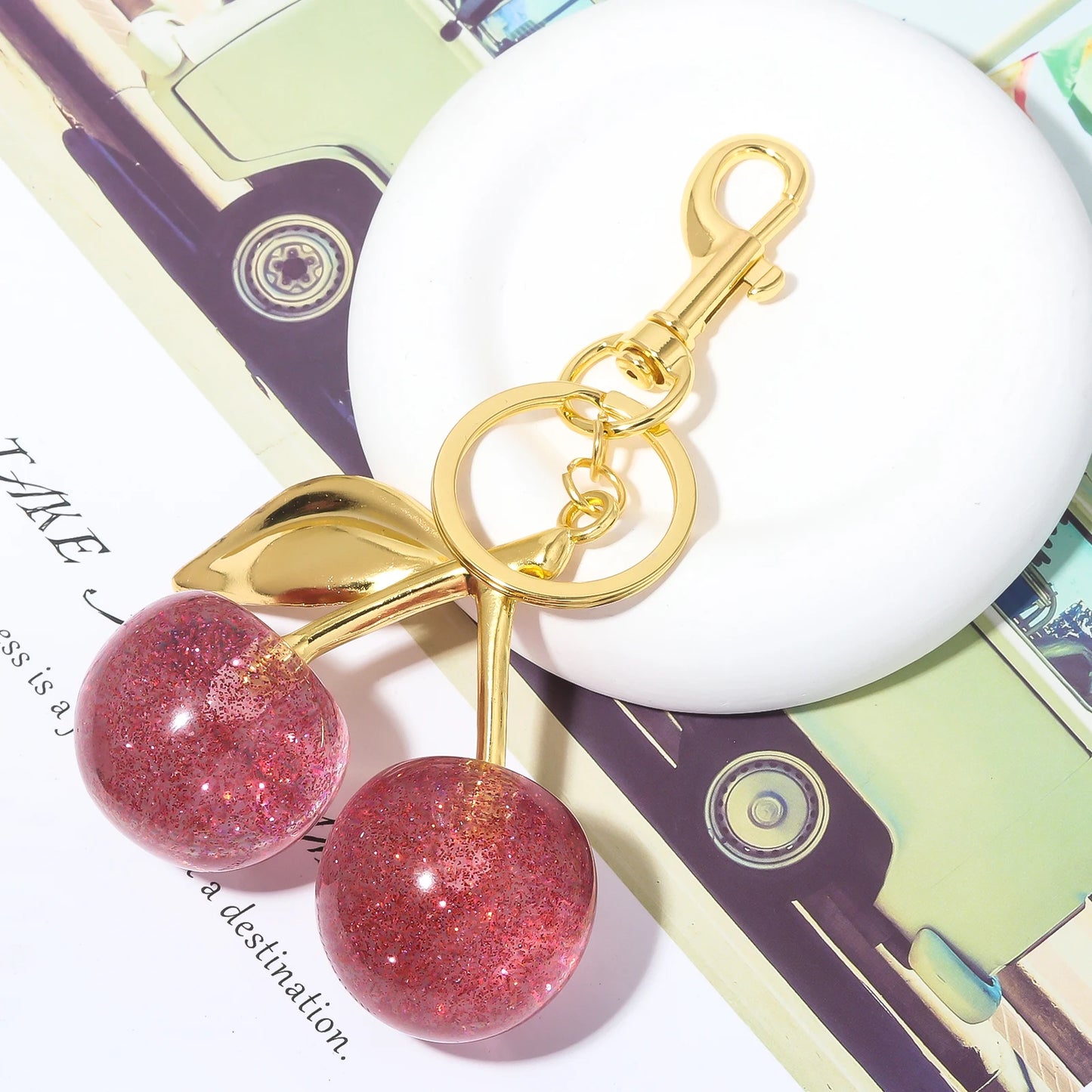 Cherry Crystal Bag Charm Keychain — Pink Fruit Keyring