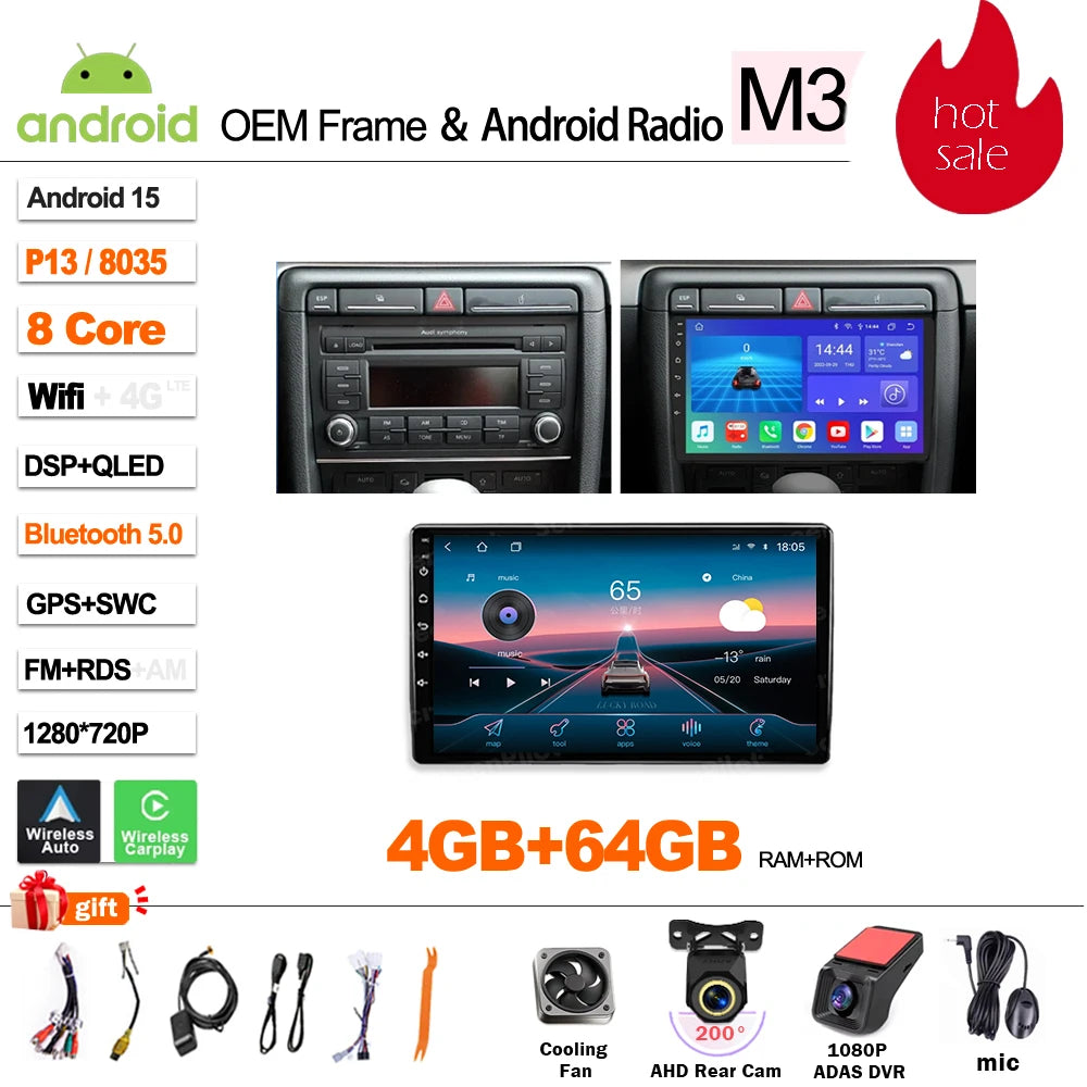 Android Car Stereo for Audi A4 B6 B7, S4, RS4 & Seat Exeo (2002–2009) — CarPlay, Bluetooth, 2-DIN
