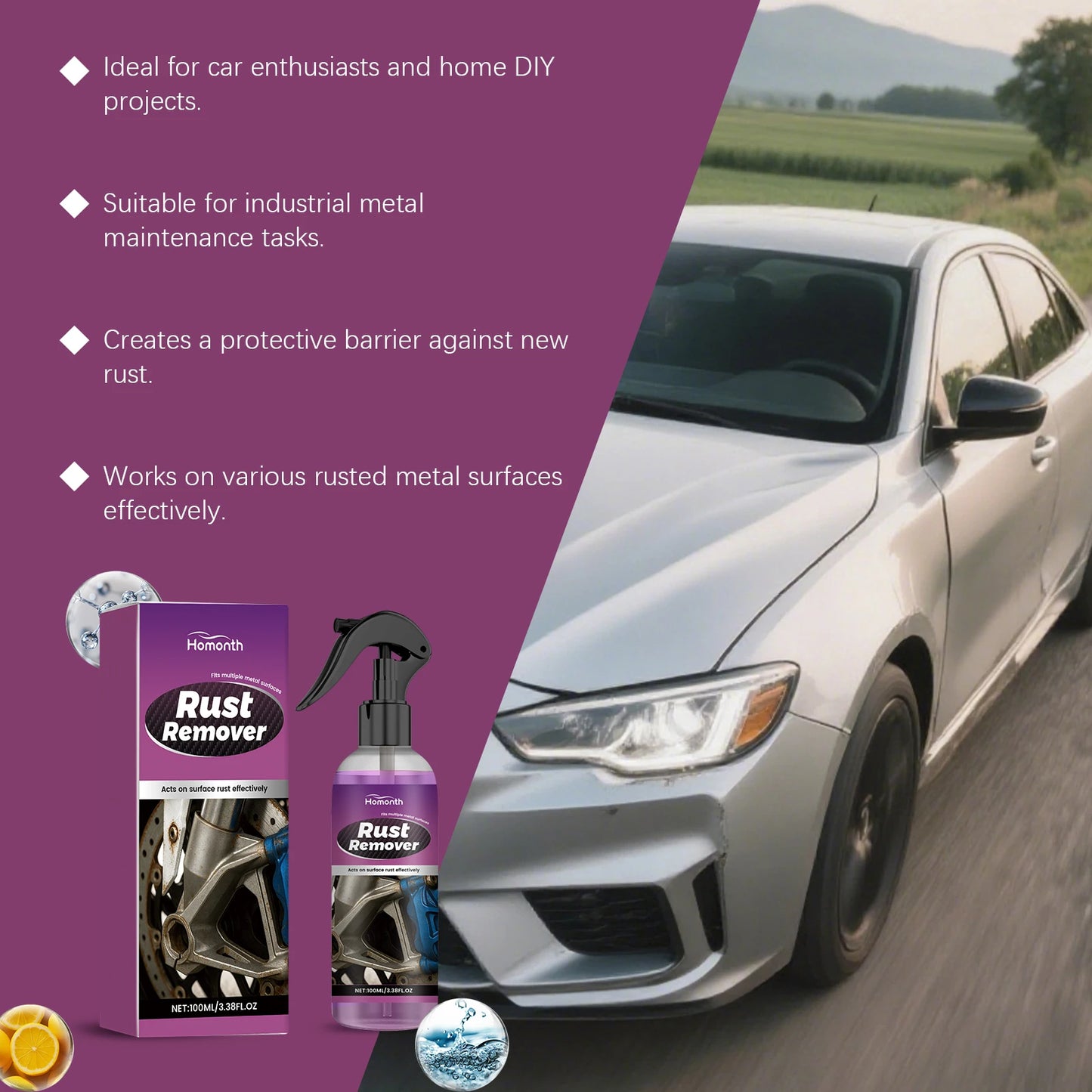 Car Rust Remover Spray Metal Chrome Paint Cleaner Iron Powder Remover Auto Detailing Maintenance Anti Rust Protectant 100ml