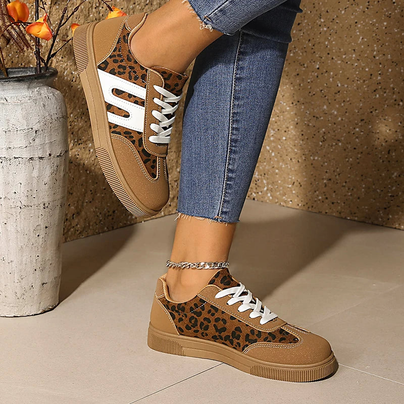 Brown Leopard Platform Sneakers for Women — Non-Slip Thick-Sole Trainers, Plus Size