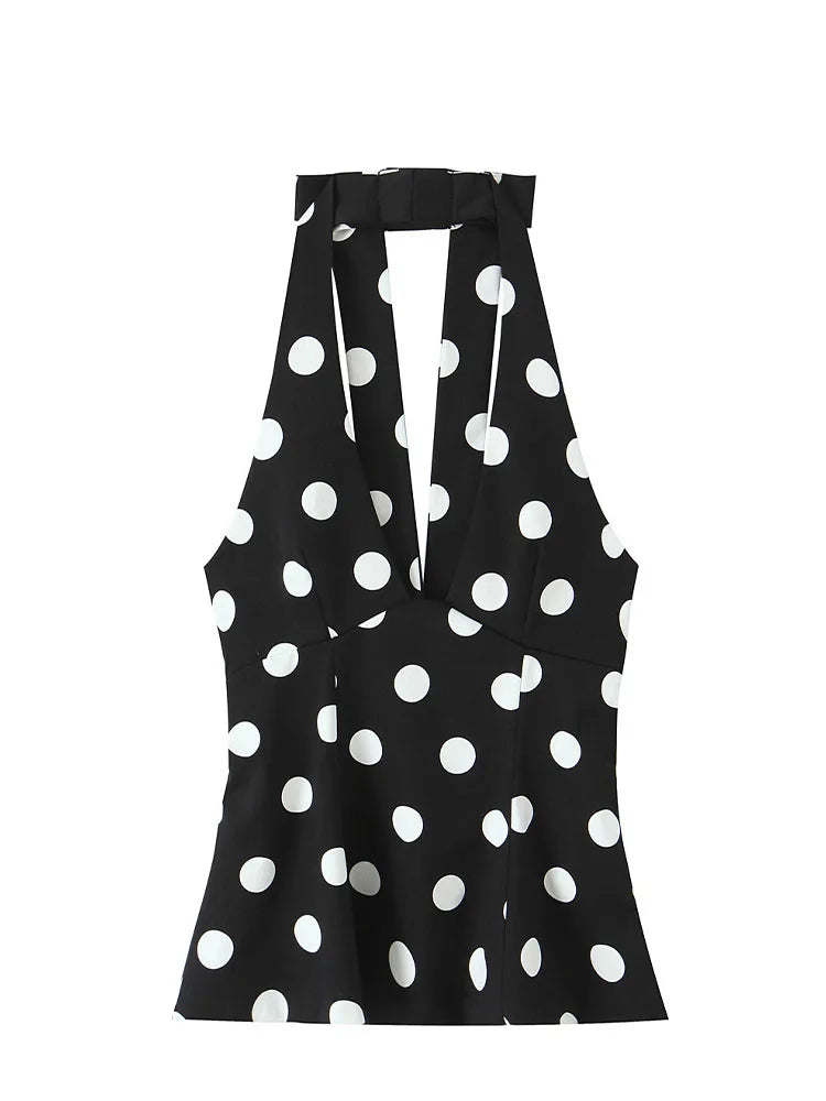 HH Summer Woman Black Polka Dot Backless Bow Decoration Neck Halter Vest Tops Fashion Women Sleeveless Backless Sexy Tops