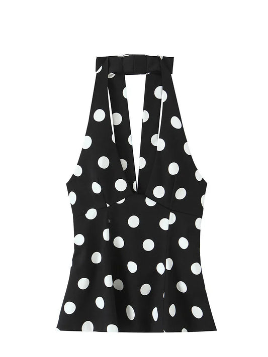 Women's Black Polka Dot Halter Vest - Backless Bow Neck Sleeveless Top - photo 6