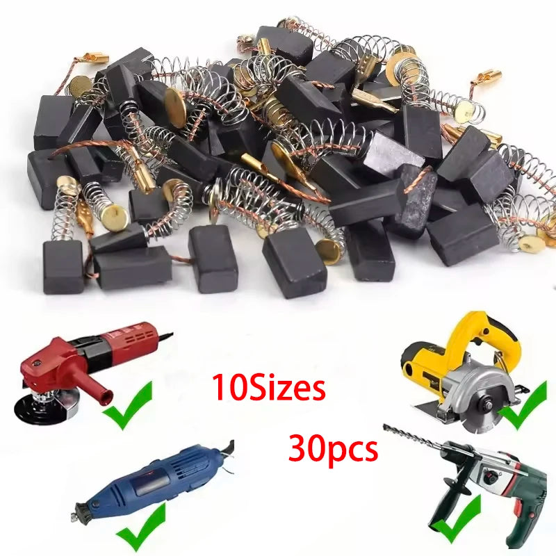 30-Piece Carbon Brush Set, 10 Models, 3Pcs of Each Model. Carbon Brushes Are Suitable for Various Types of Electric Tools Such as Electric Hammers, Angle Grinders, Circular Saws, Etc. for Repair and Replacement Parts