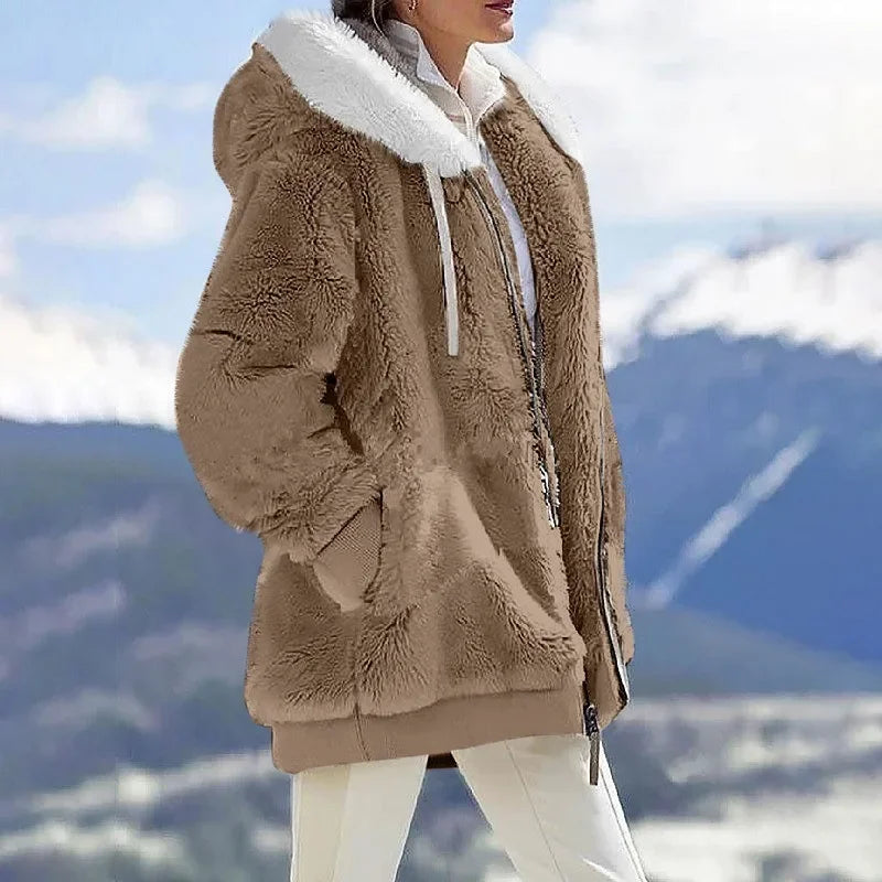 Women's Hooded Fleece Zip Jacket, Casual Winter Coat