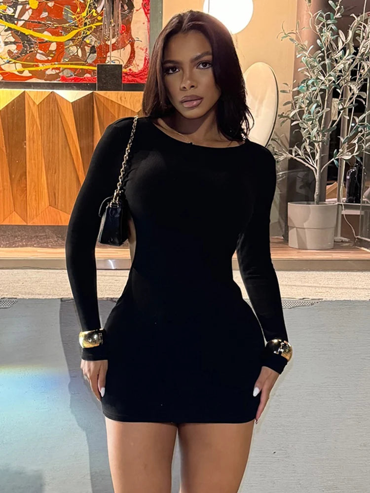 kliou Concise Solid Women Mini Dress Spring Classic Full Sleeve Backless Body-shaping Vestidos Female Party Clubwear Trend New