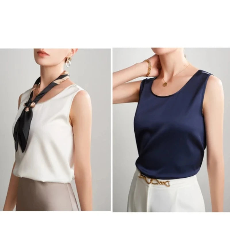 Summer Satin Mulberry Silk Tank Top Casual Versatile Champagne Tops Woman 2026 New Fashion Elegant Vest Loose Sleeveless T-shirt
