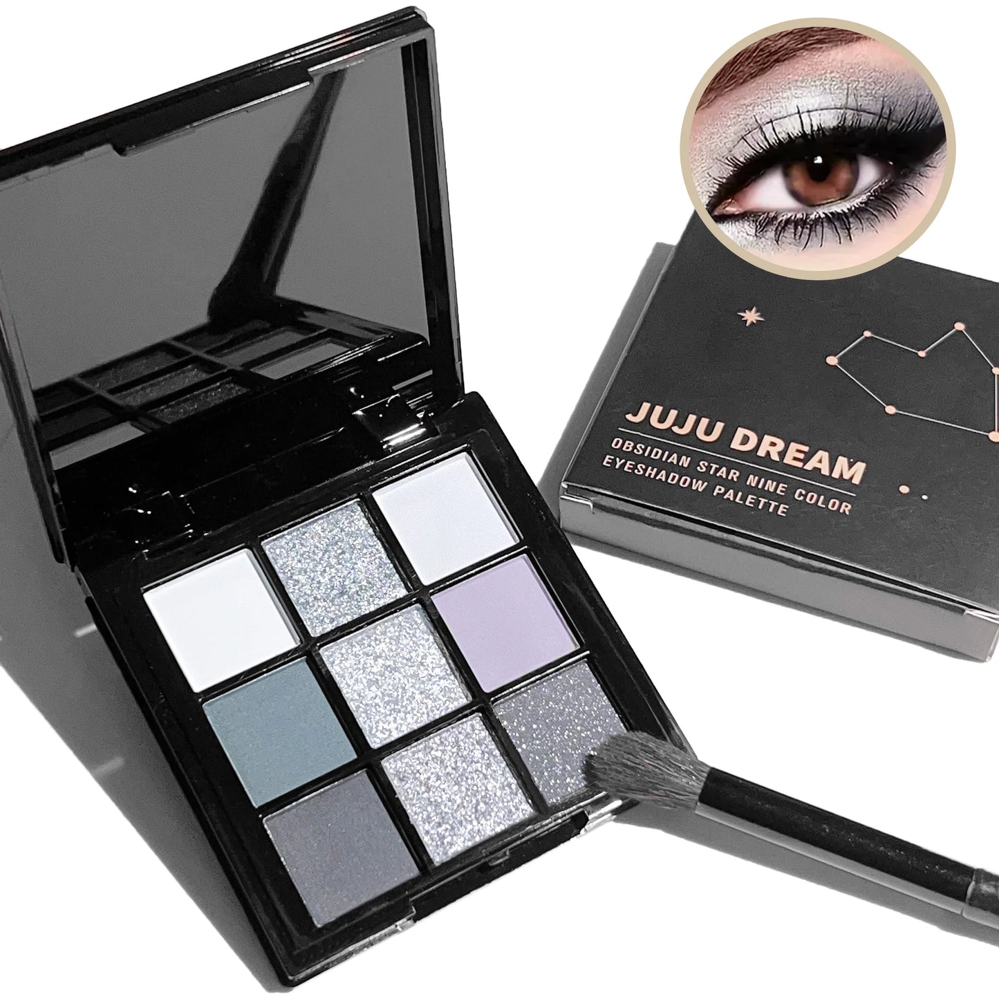 JUJU Dream 9-Shade Smoky Eyeshadow Palette – Black Swan | Dark Black, Grey, Silver Glitter & Matte Finish | Long-Lasting