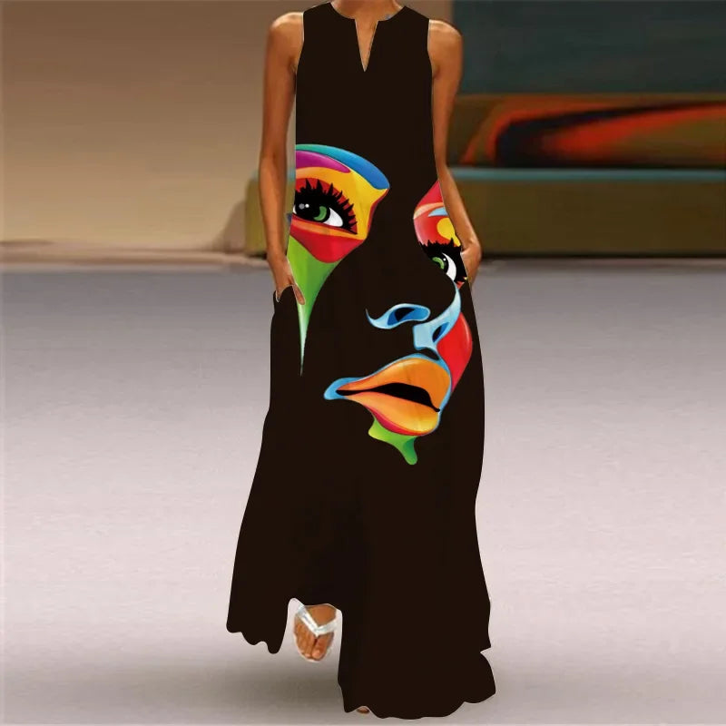 Women's Sleeveless V-Neck Maxi Dress — Vintage Print Loose Sundress with Pockets (Plus Size)