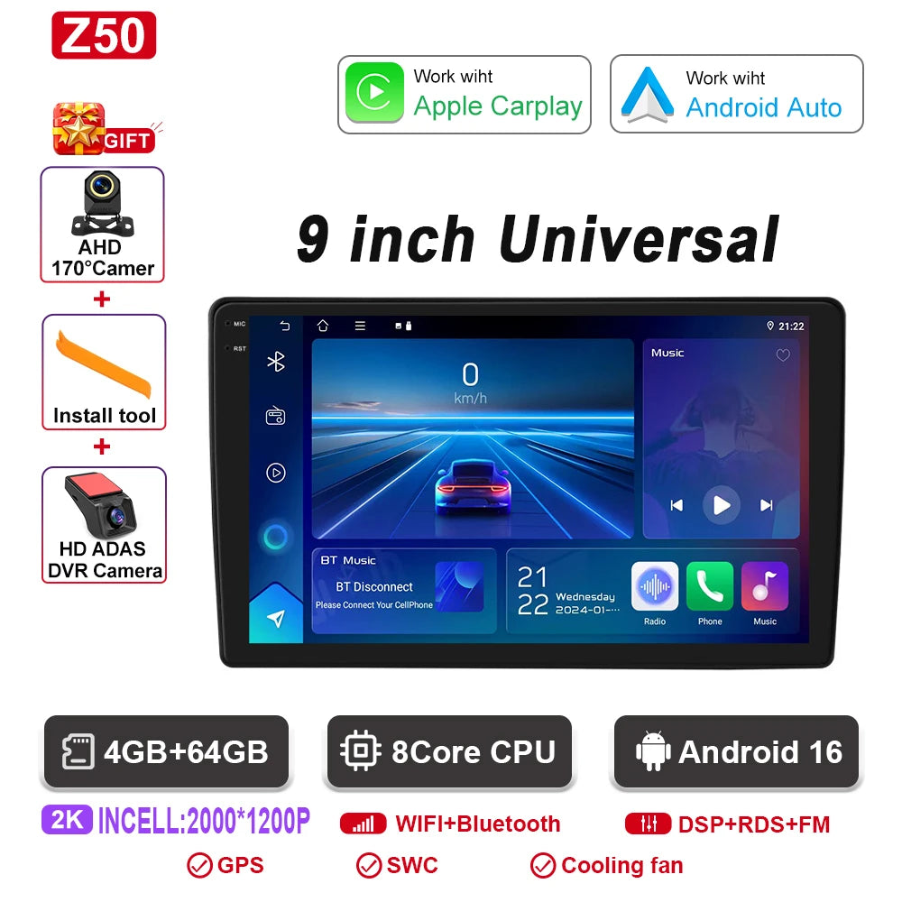 9"/10" Universal Car Stereo with Apple CarPlay & Android Auto (1 DIN)