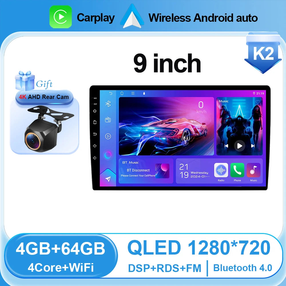 Universal 2-DIN Android Car Stereo (9"/10") — CarPlay, Android Auto, GPS, QLED Screen, Bluetooth